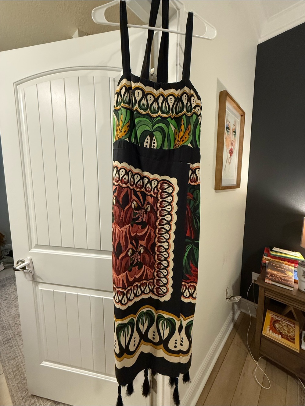 FARM Rio Black Midi Dress with Green, Red and Cream Print